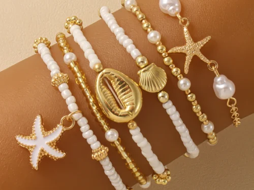 Vintage Seed Bead Stacked Bracelet Set Starfish Shell Embellishment Bracelets Elegant Women's Summer Beach Party Ideal Jewelry